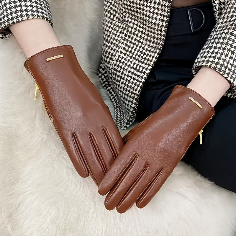 Gants cuir femme, coloris chameau, fermeture zip visible