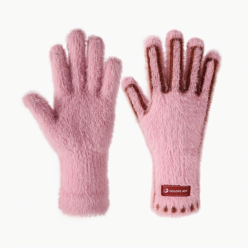 Paire de gants femme rose en peluche, vue à plat recto-verso
