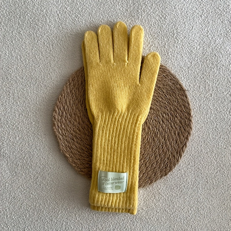 Gant femme long jaune en laine, cinq doigts
