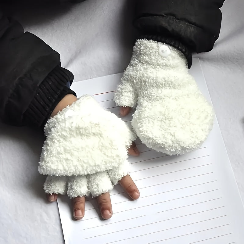 Gants enfant coloris blanc, mi-doigts à rabat