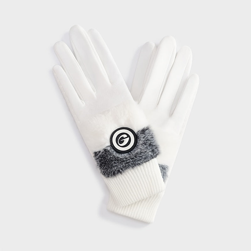 Gants de golf blancs, bordure en fausse fourrure, bouton décoratif au poignet
