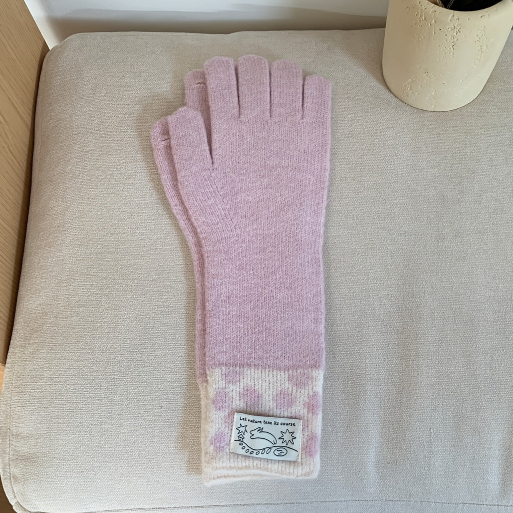 Gant long femme rose, manchette crème à pois roses