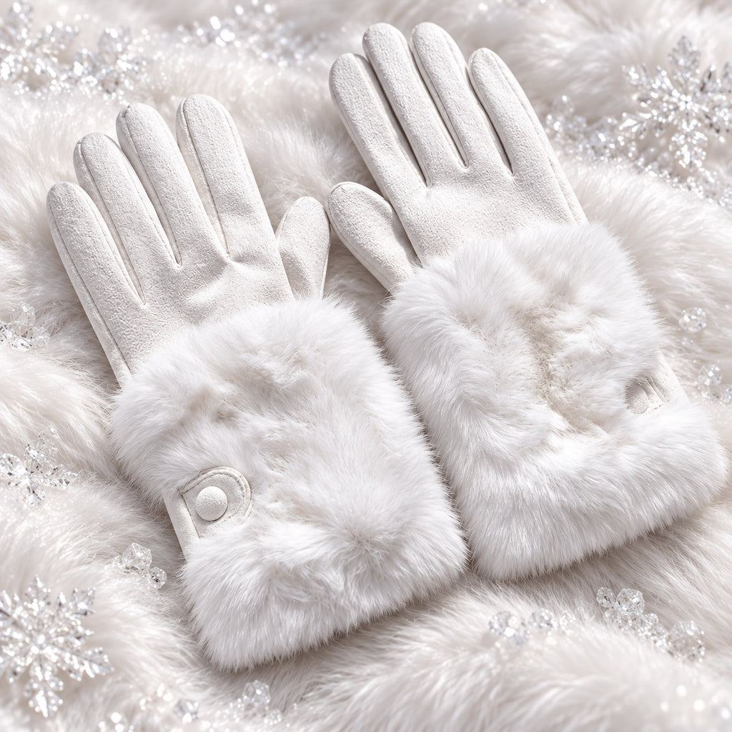 Paire de gants tactiles femme blancs, main suédée et manchette fausse fourrure