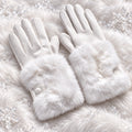 Paire de gants tactiles femme blancs, main suédée et manchette fausse fourrure