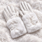 Paire de gants tactiles femme blancs, main suédée et manchette fausse fourrure
