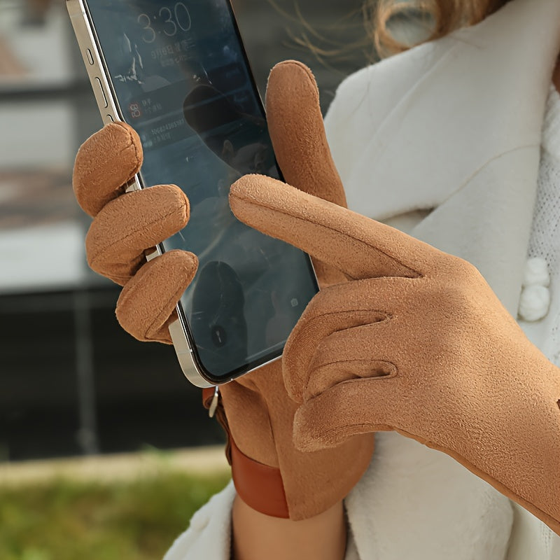 Main gantée camel utilisant l'écran tactile d'un téléphone