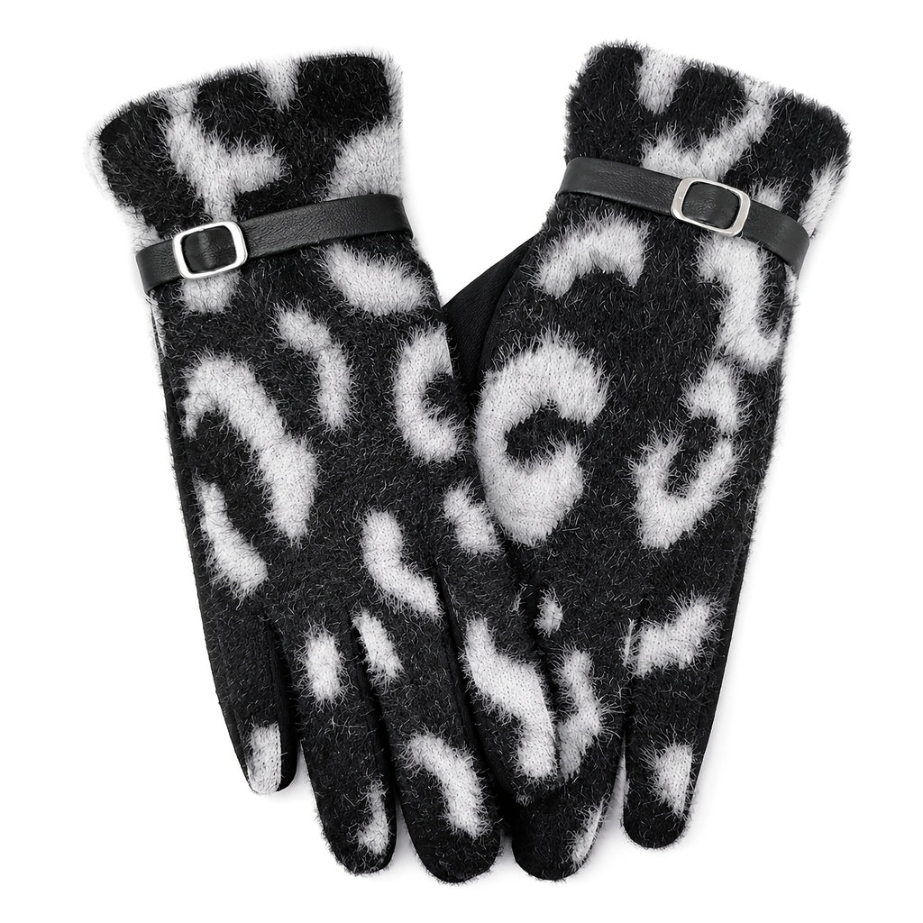 Gants femme léopard noir et blanc à plat, bride à boucle au poignet
