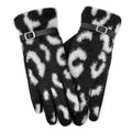 Gants femme léopard noir et blanc à plat, bride à boucle au poignet