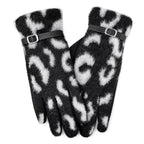 Gants femme léopard noir et blanc à plat, bride à boucle au poignet