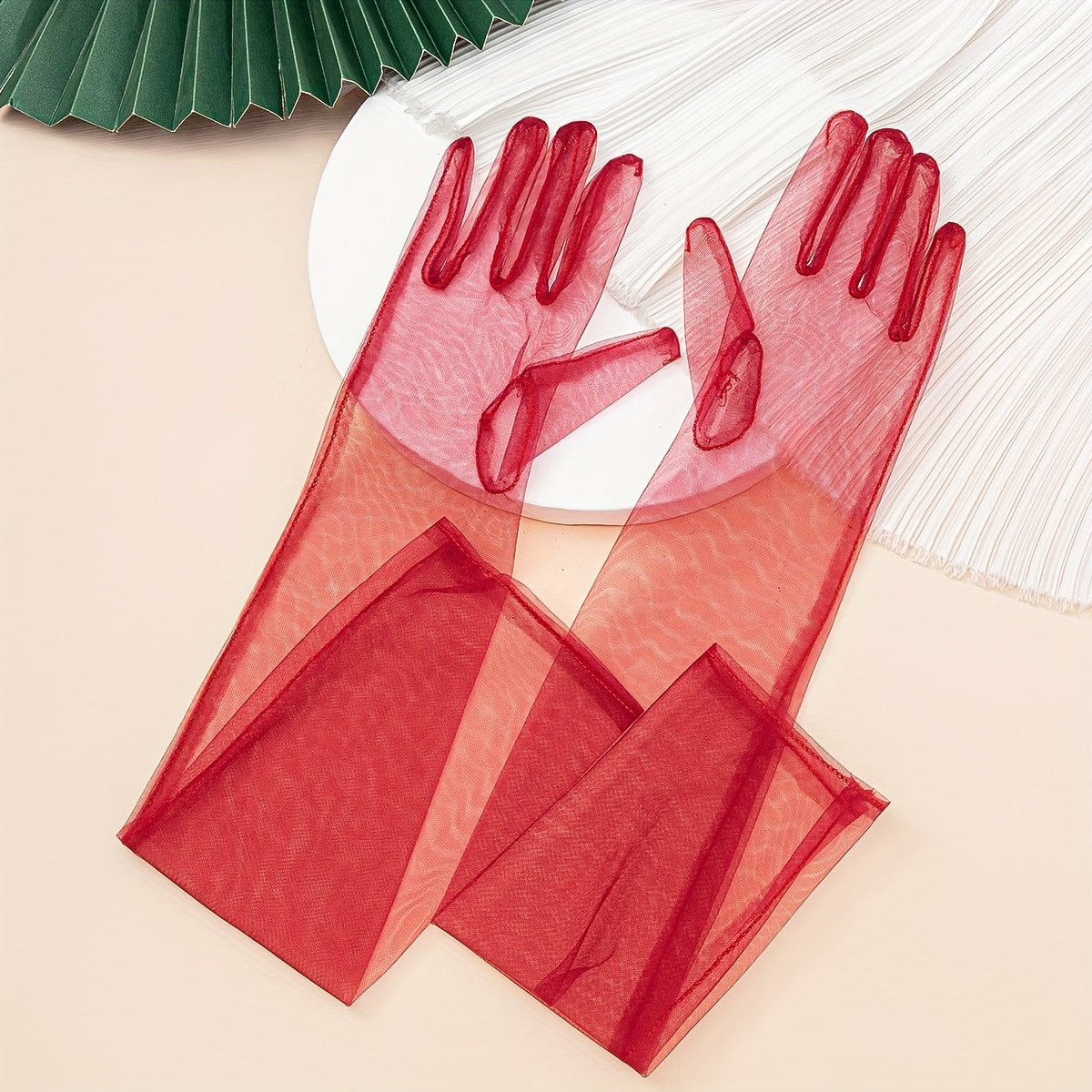 Gants longs femme tulle coloris rouge