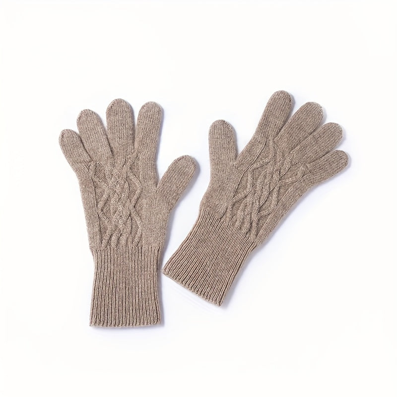 Paire de gants cachemire femme taupe, motif torsadé, posée à plat