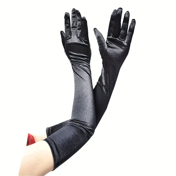 Gants longs femme en satin noir, style opéra