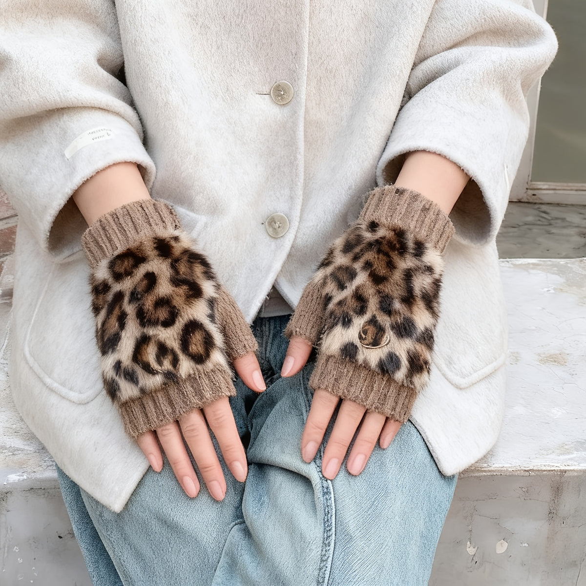 Mitaines femme à motif léopard beige portées avec un manteau clair