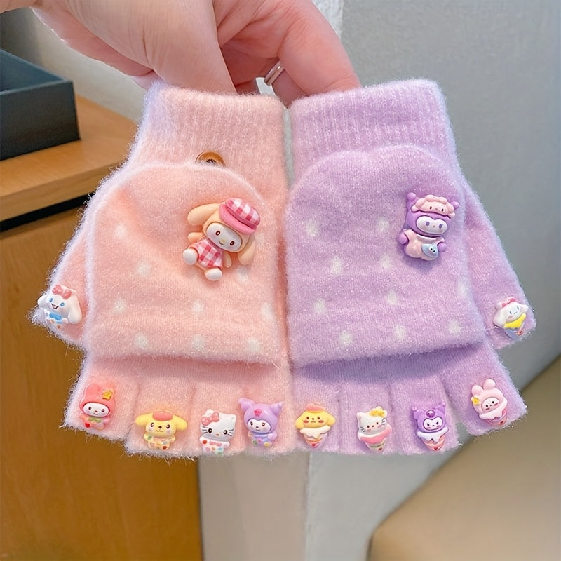 Gants enfant mi-doigts à rabat, tricot épais