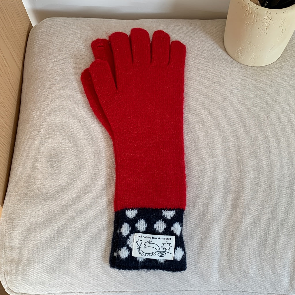Gant long femme rouge, manchette bleu marine à pois blancs