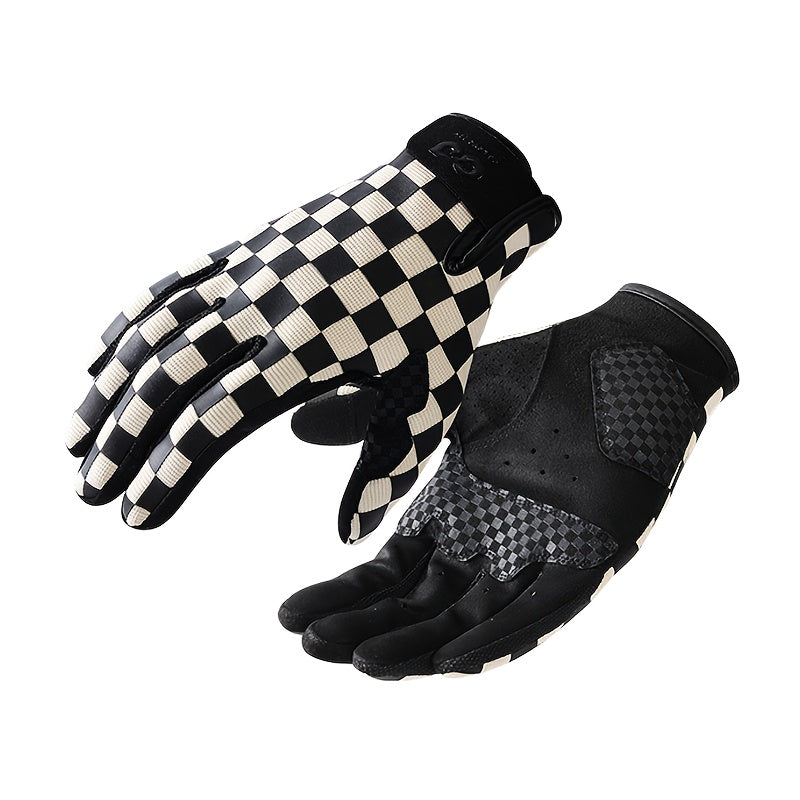 Paire de gants de vélo noir et écru, vue de la paume renforcée et du dos à motif damier