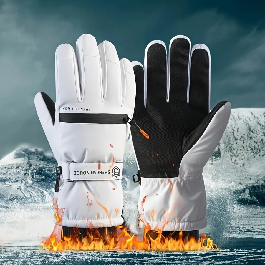 Gants de ski épais coloris blanc et noir, vue de dos et paume
