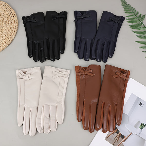 Gants femme similicuir bleu marine et chameau, avec nœud