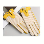 Gants cuir homme rétro, coloris jaune, dos en maille