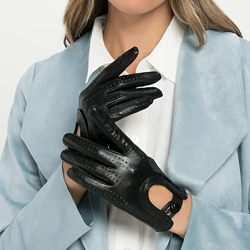 Gants cuir femme fins, coloris noir, porté