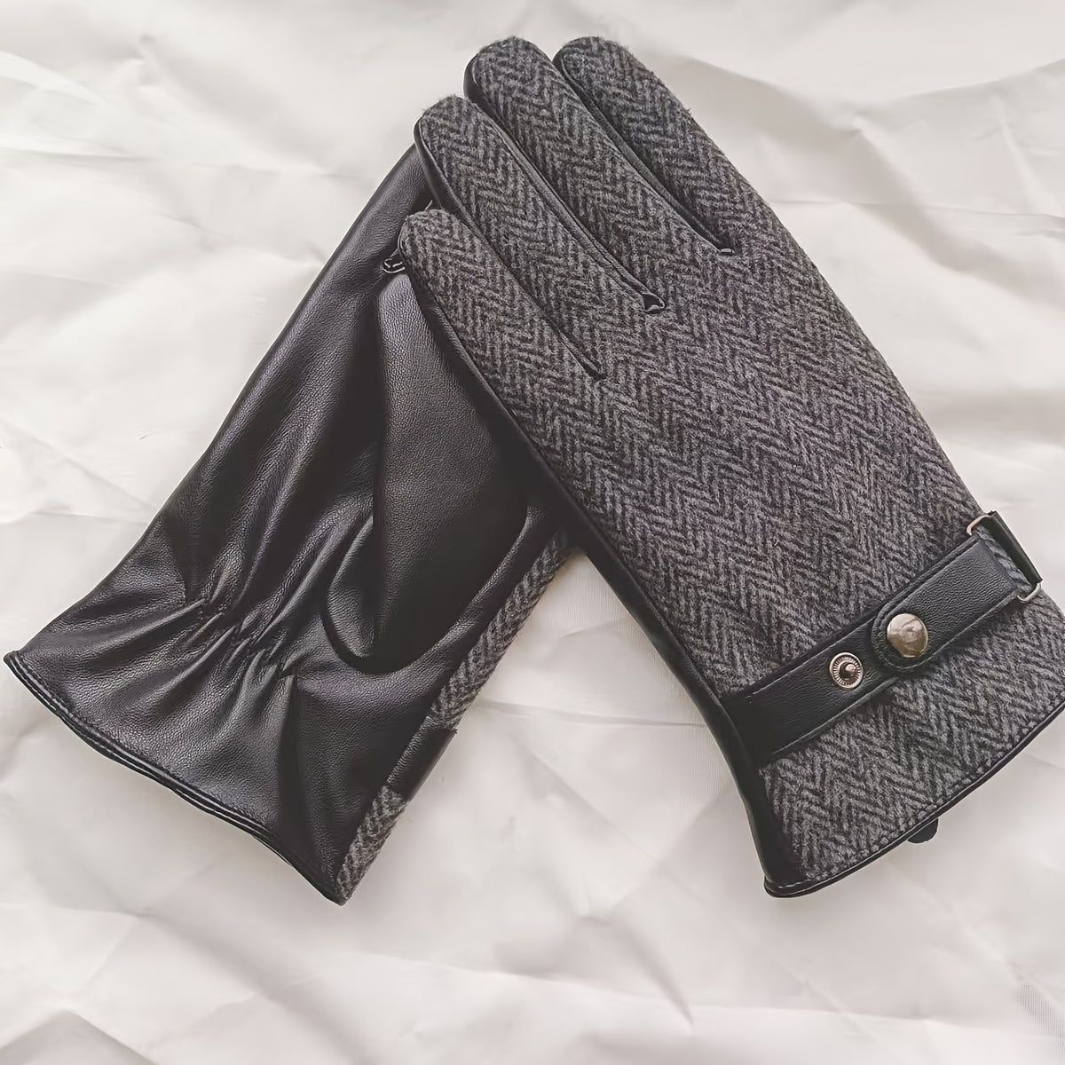 Gant homme noir en cuir PU, revers tweed chevrons