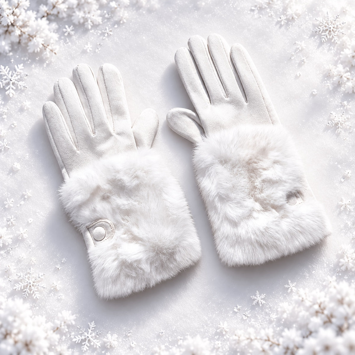 Paire de gants femme blancs à manchette fausse fourrure, vue de dessus