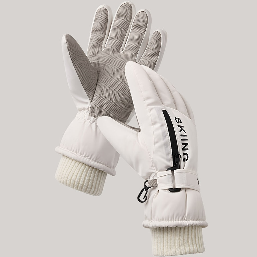 Gant de ski blanc, vue paume texturée et dos avec poche zippée