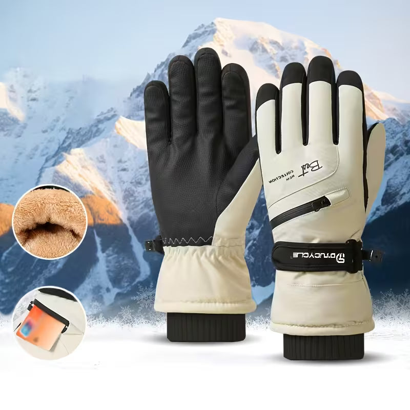Gants de ski femme coloris beige, doublure peluche et poche zippée