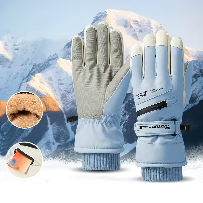 Gants de ski femme coloris bleu clair, paume contrastée et poignet côtelé
