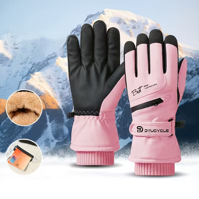 Gants de ski femme coloris rose, sangle auto-agrippante au poignet