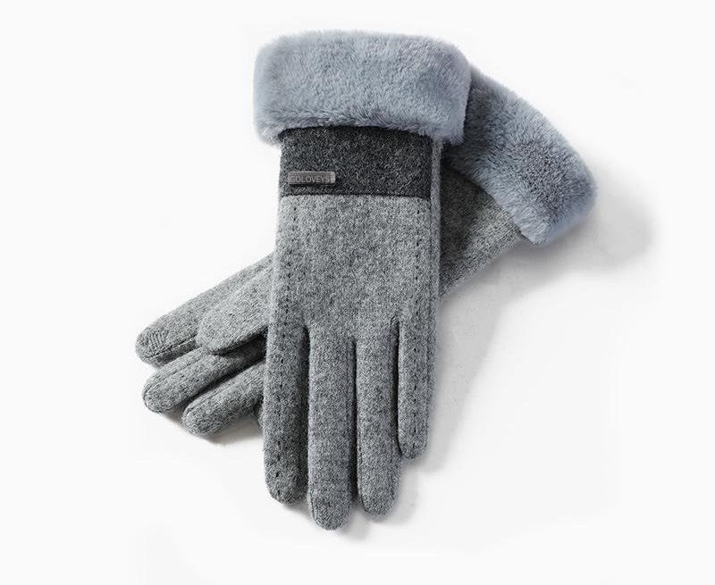 Gants femme gris en laine, revers en fausse fourrure, vue à plat