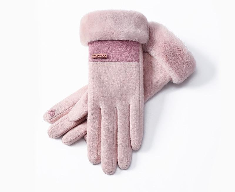 Gants femme roses en laine, revers en fausse fourrure assorti