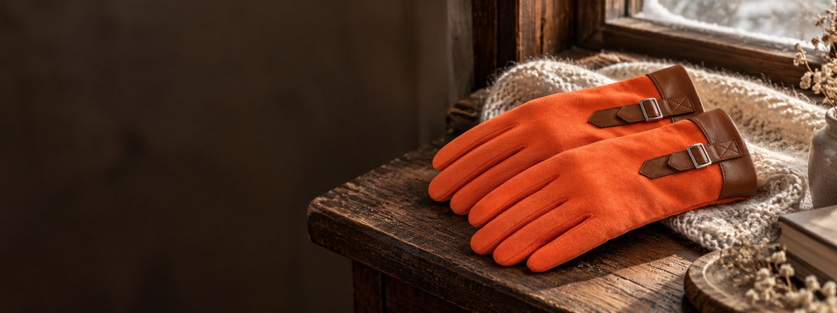 Paire de gants femme orange à bride bouclée, posée sur un rebord de fenêtre en bois