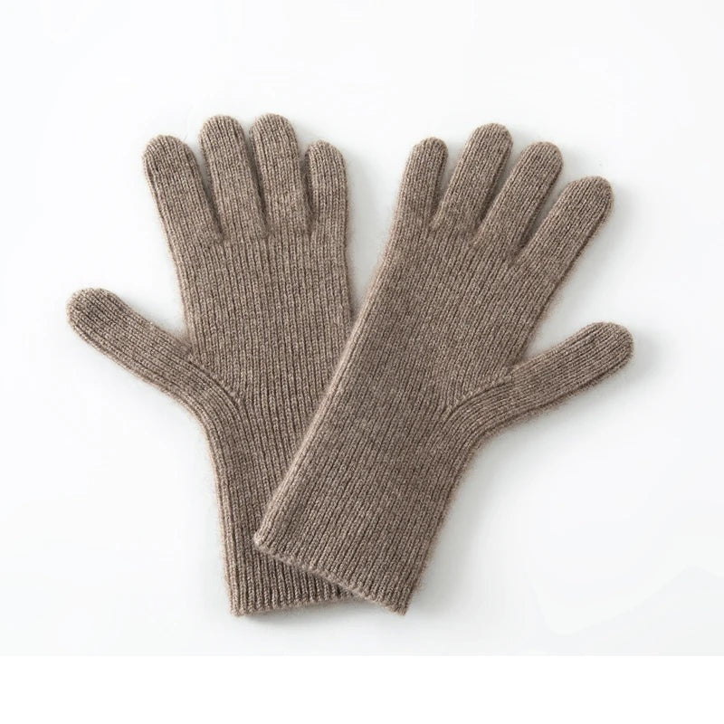 Gants femme en cachemire marron, maille côtelée