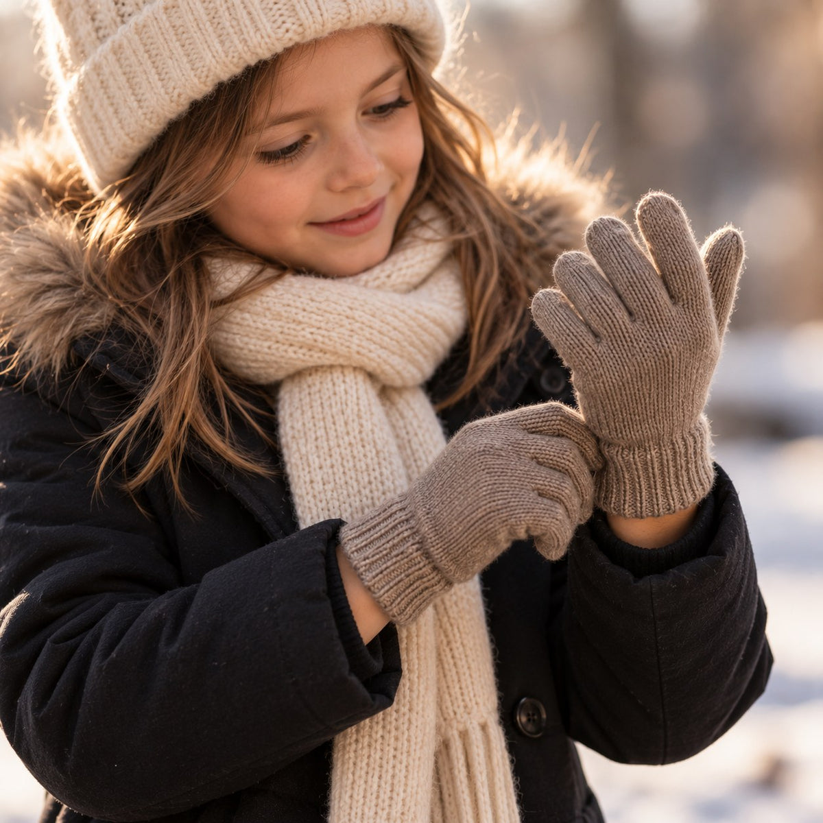 Enfant ajustant ses gants en maille beige, dans la neige