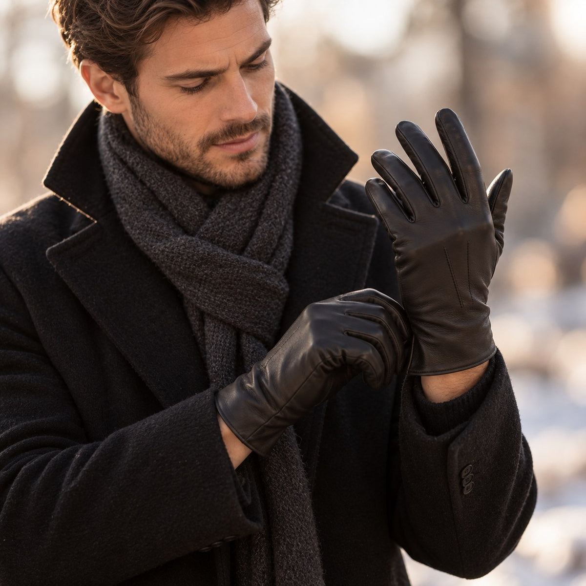 Homme ajustant ses gants en cuir noir, par un matin d'hiver