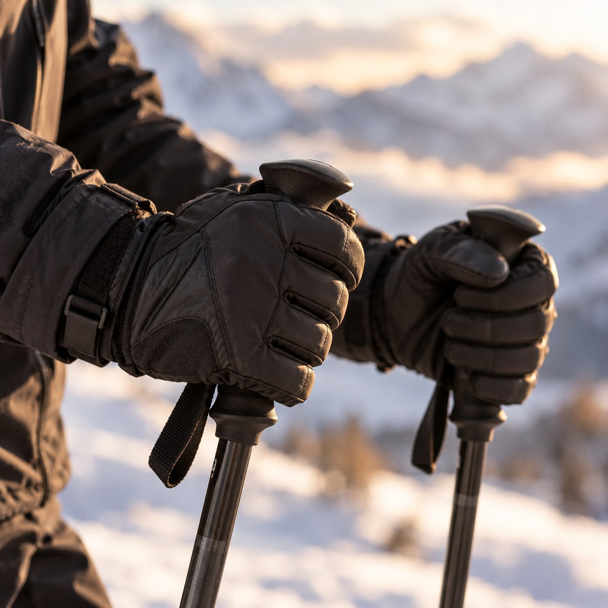 Mains gantées de gants de ski noirs serrant des poignées de bâtons, en montagne